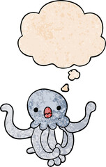 cartoon jellyfish with thought bubble in grunge texture style