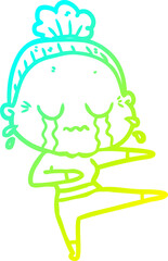 cold gradient line drawing of a cartoon old dancer woman crying