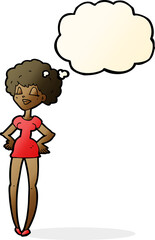 Fototapeta premium cartoon happy woman with hands on hips with thought bubble
