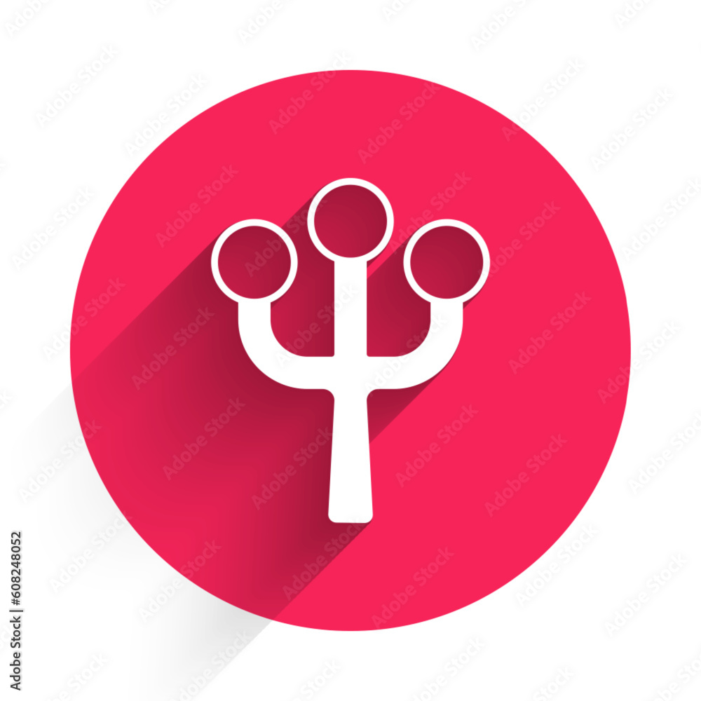 Poster white blossom tree branch with flowers icon isolated with long shadow. red circle button. vector
