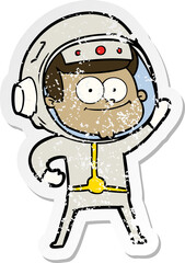 distressed sticker of a happy astronaut cartoon