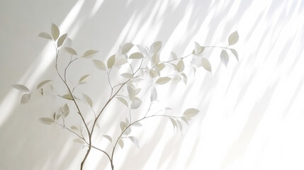 Abstract Light Beige Shadow Background of Leaves on White Sunny Wall. AI generative. Elegant Neutral Nature Background. Space for Text.