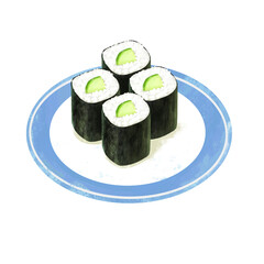 お皿に乗った寿司のイラスト　かっぱ巻き