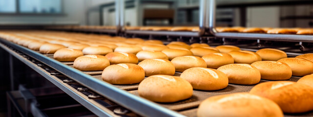 bread, bakery, tape in the food industry, products ready for automatic packaging. Concept with automated food production. Generative AI,