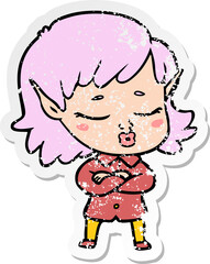 distressed sticker of a pretty cartoon elf girl