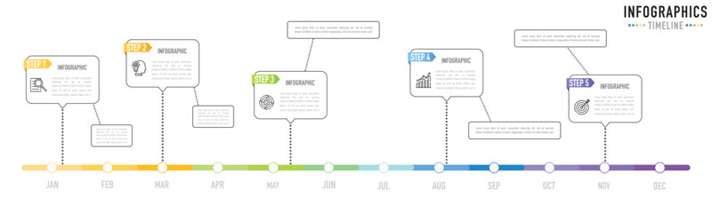 Timeline 12 months infographic template or element with 5 step, process, option, colorful rectangle, tree diagram, label, icons, mind map, rectangular, horizontal for sale slide, planner, calendar