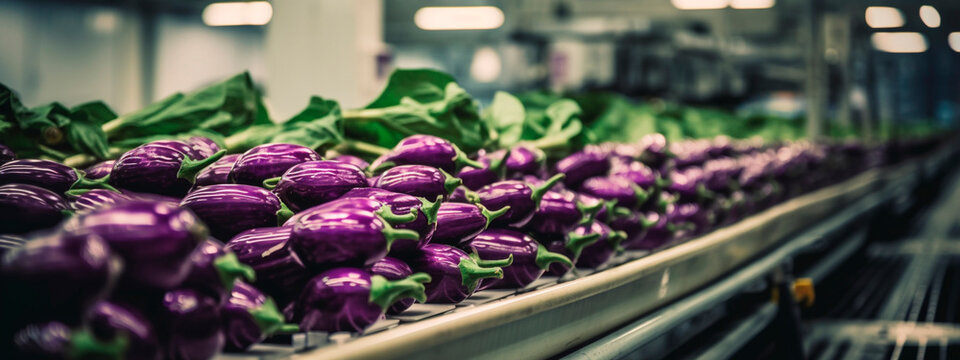 eggplant, tape in the food industry, products ready for automatic packaging. Concept with automated food production. Generative AI,