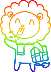 rainbow gradient line drawing of a happy cartoon lion