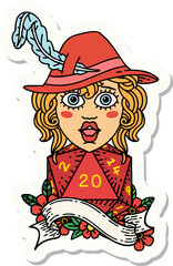 sticker of a human bard with natural 20 dice roll