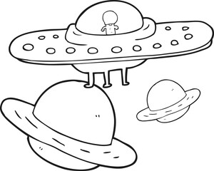 freehand drawn black and white cartoon flying saucer in space