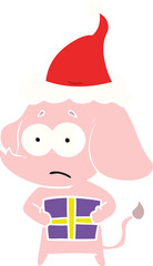 hand drawn flat color illustration of a unsure elephant with christmas present wearing santa hat