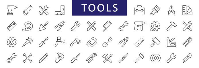 Tool & Instrument thin line icons set. Building Tools editable stroke icon. Working tools symbols. Instrument simple icons. Vector