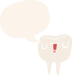 Obraz premium cartoon happy tooth with speech bubble in retro style