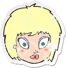 retro distressed sticker of a cartoon surprised female face