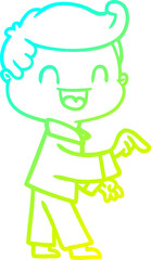 cold gradient line drawing of a cartoon happy man pointing