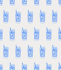Seamless pattern of mojito cocktail with lime slices, ice cubes, mint leaf, and straw. Line art, retro. Vector illustration for bars, cafes, and restaurants.
