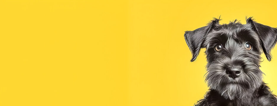 cute dog, black schnauzer, banner with yellow background and copy space, made with Generative AI
