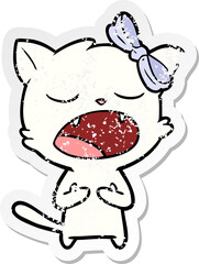 distressed sticker of a cartoon cat meowing