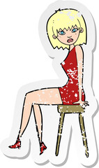 retro distressed sticker of a cartoon woman sitting on stool