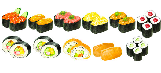 寿司のイラストセット　軍艦　巻き寿司