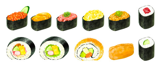 寿司のイラストセット　軍艦　巻き寿司 © みずたにいぬ