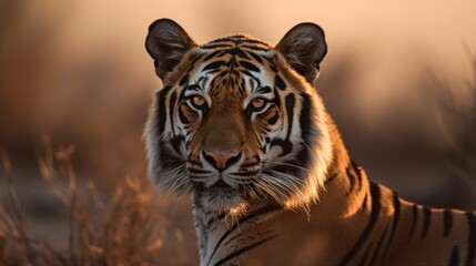 Fototapeta na wymiar A Bengal Tiger in mid-stride, its powerful muscles rippling beneath its golden fur