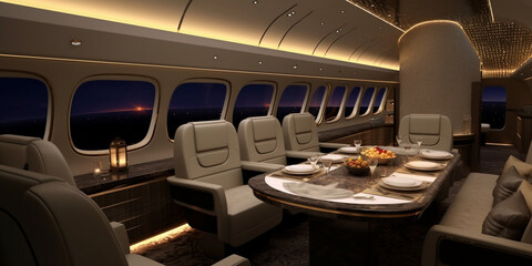 First class Restaurant mit dekorierten Tisch im Flugzeug, ai generariv