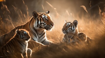 A Bengal Tiger, playing with its cubs in a sun-drenched meadow