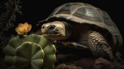 A Galapagos Tortoise, craning its neck to feast on a cactus, its rugged shell contrasting with the soft bloom