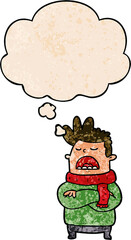 cartoon obnoxious man with thought bubble in grunge texture style