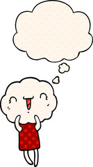 cute cartoon cloud head creature with thought bubble in comic book style