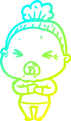 cold gradient line drawing of a cartoon angry old woman