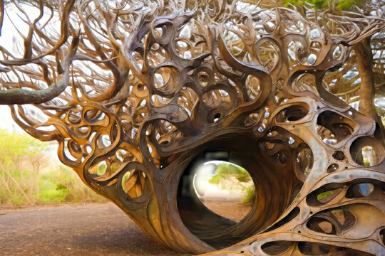 a tree in the forest, in an intricate spiral sculpture style, abstract, generative ai