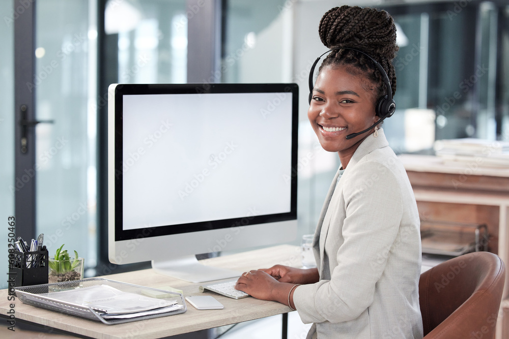 Aufkleber call center, computer screen and mockup with portrait of black woman in office for consulting, custo