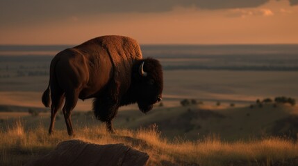 A majestic American Bison standing atop a rocky outcrop