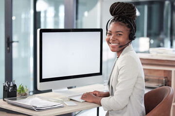 Call center, computer screen and mockup with portrait of black woman in office for consulting,...