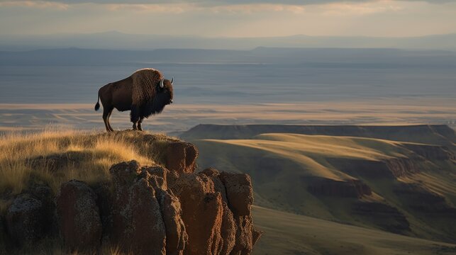 A majestic American Bison standing atop a rocky outcrop
