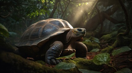 A grand Galapagos Tortoise gradually navigating its way through a verdant, tropical forest