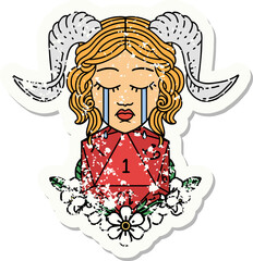 grunge sticker of a crying tiefling with natural one D20 dice roll