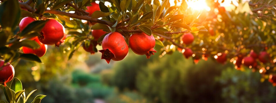 Pomegranate grows on a tree in the harvest garden. Generative Ai,
