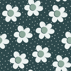 Seamless pattern with daisy flowers and polka dot ornament. Flower buds on dark green background. Flat style floral print. Cute retro vector illustration. 