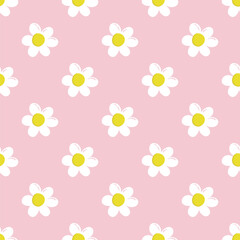 Y2k style floral seamless pattern with bold flowers. Soft colors flower buds on pink background. Kids floral print. Cute groovy vector illustration.