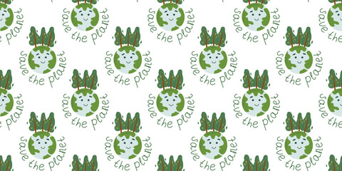 Seamless pattern with kawaii globe and slogan. Environmental conservation, Earth Day concept. Save the planet. Cute ecological vector illustration.