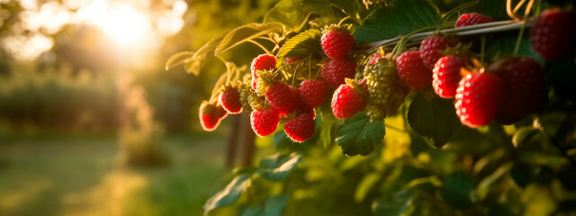 raspberry grows on a tree in the harvest garden. Generative Ai,