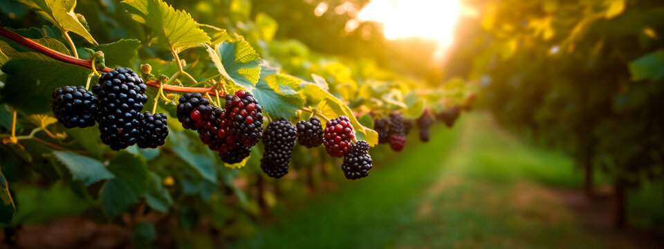 blackberry grows on a tree in the harvest garden. Generative Ai,