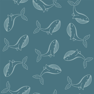 Minimalistic style pattern with whales. Sea animal line silhouette on soft blue background. Cute vector print for paper, textile, scrapbooking, wallpaper.