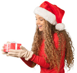 Young Woman In Santa Hat Holding Present - Isolated