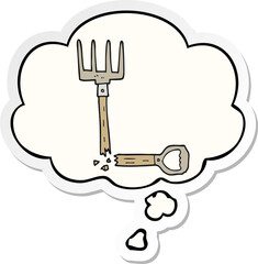 cartoon broken pitchfork with thought bubble as a printed sticker