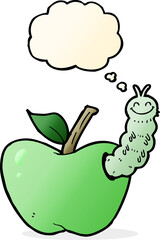 cartoon apple with bug with thought bubble