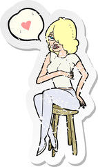 retro distressed sticker of a cartoon woman with love heart
